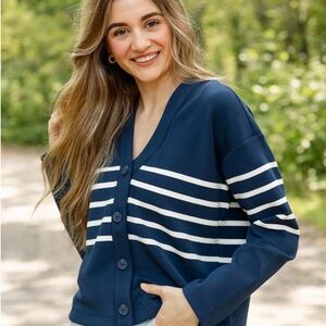 SPANX Women’s Navy Blue Striped Cardigan Sweater Size Mediun